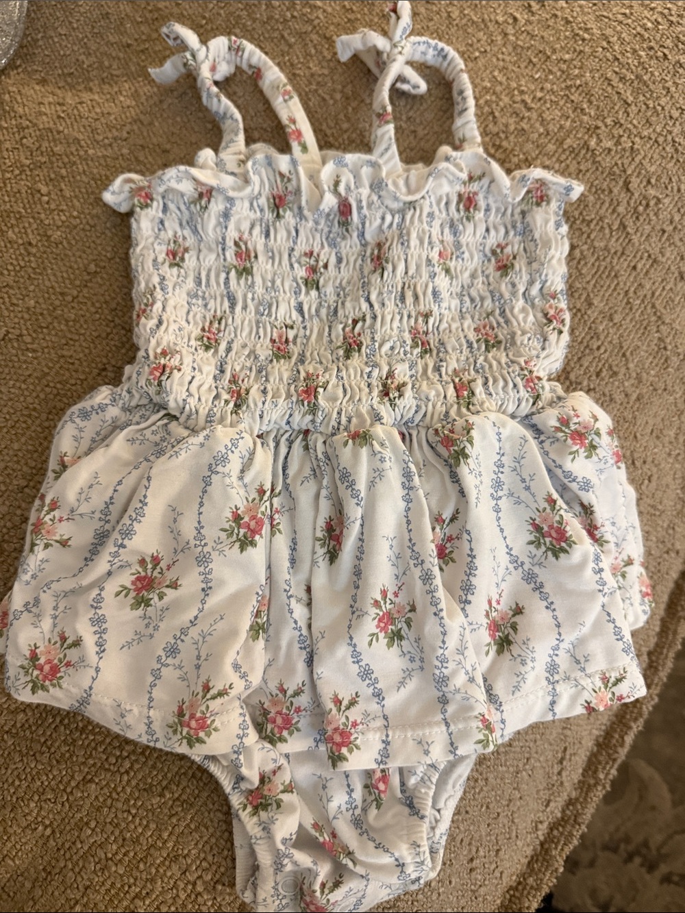 Angel Dear Floral Smocked One-Piece Romper in White, Pink, Blue 
(WORE ONCE!)